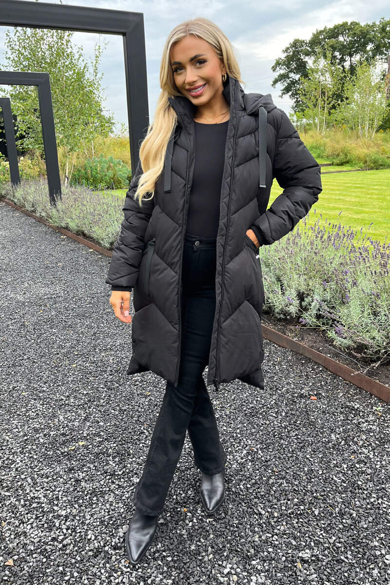 Black long line puffer coat on sale