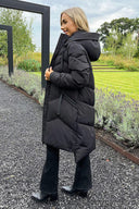 Black Hooded  Long Line Puffer Coat