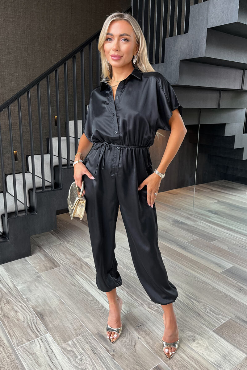 Black Satin Button Front Collared Tie Waist Jumpsuit