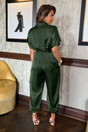 Olive Satin Button Front Collared Tie Waist Jumpsuit