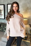 Oatmeal Ribbed Knit Off The Shoulder Batwing Sleeve Jumper