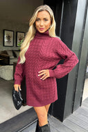 Wine Roll Neck Cable Knit Dress