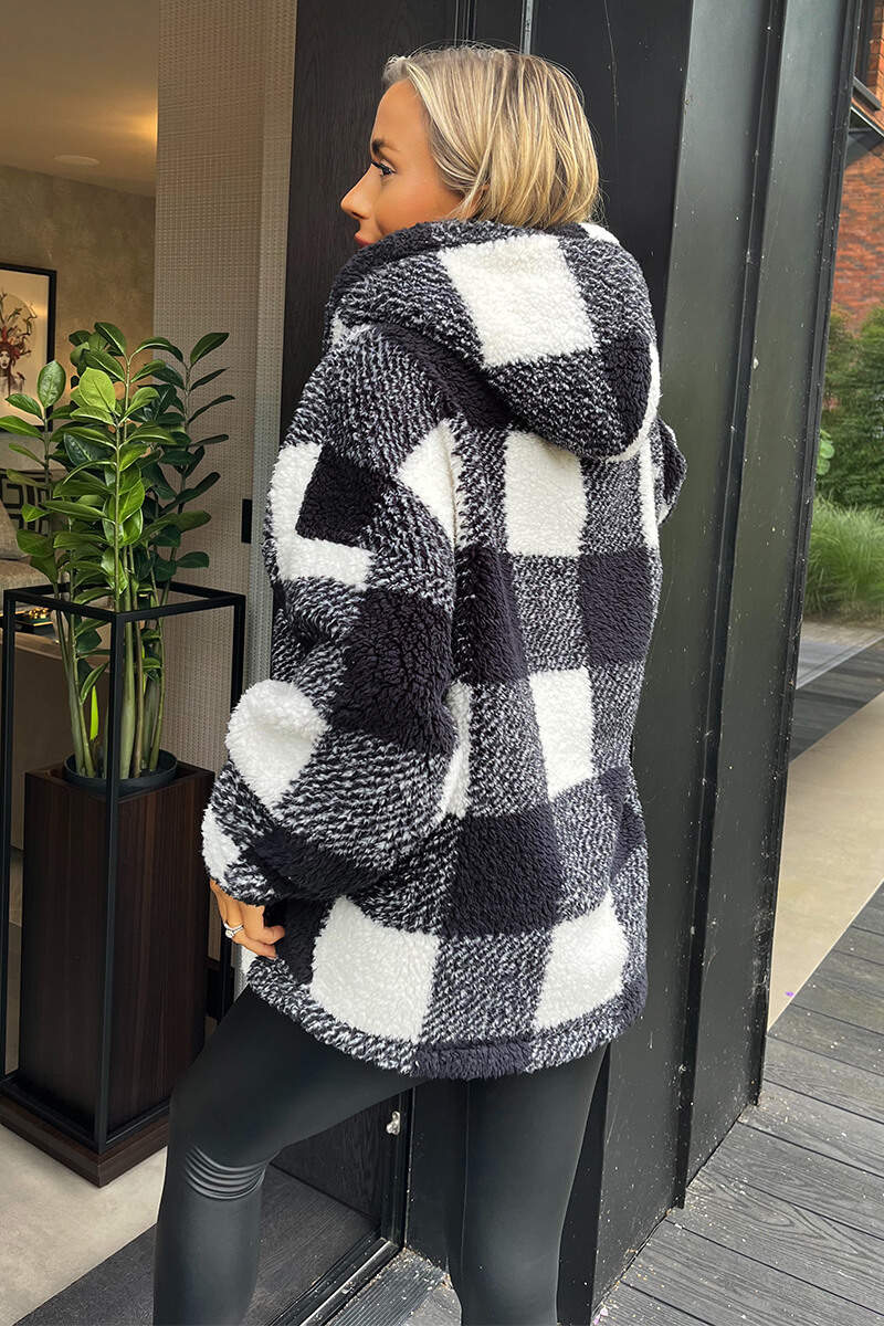 Black Check Pocket Detail Hooded Teddy Jacket