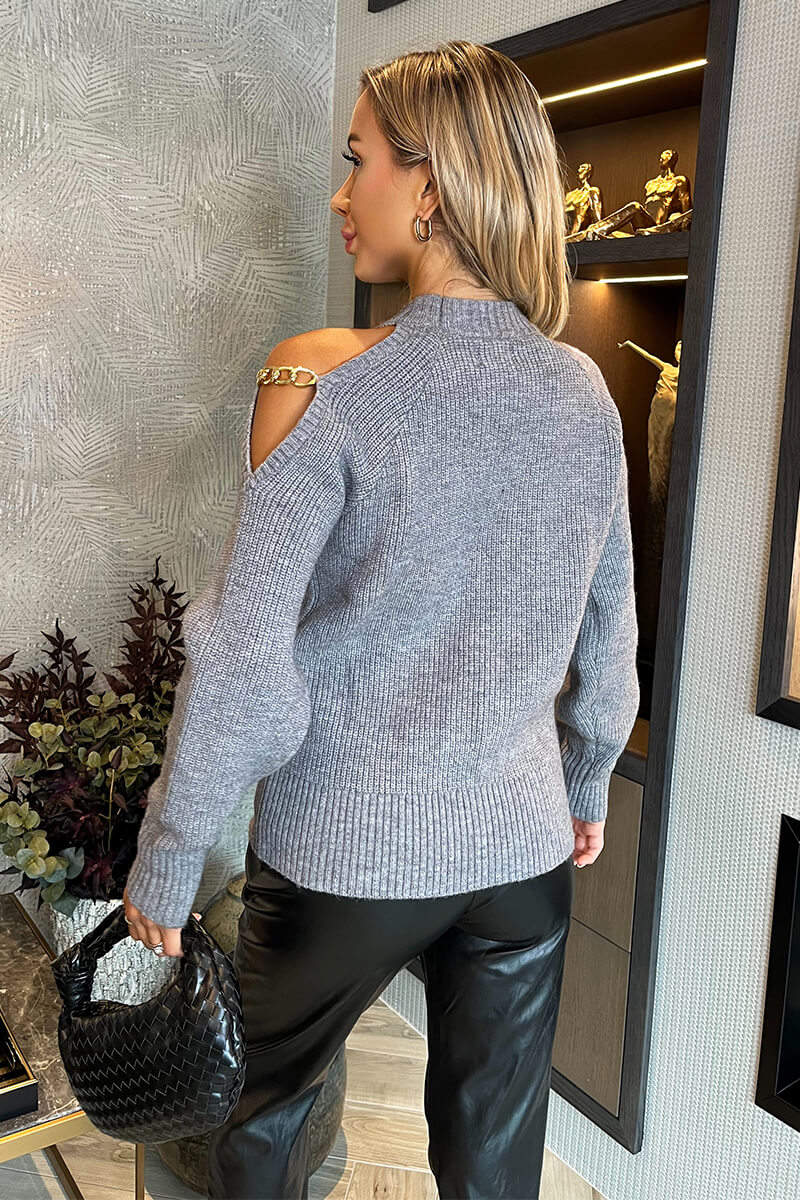 Mid- Grey Cut Out Shoulder Chain Detail Knit Jumper