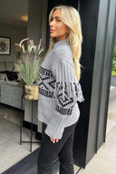 Mid Grey Fairisle Fringe Sleeve Detail Knitted Jumper