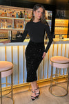 Black Velvet Sequin 2 in 1 Long Sleeve Midi Dress