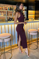 Plum Sparkle Halter Neck Ruched Bodycon Midi Dress