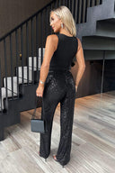 Black Sequin High Waist Flared Trousers