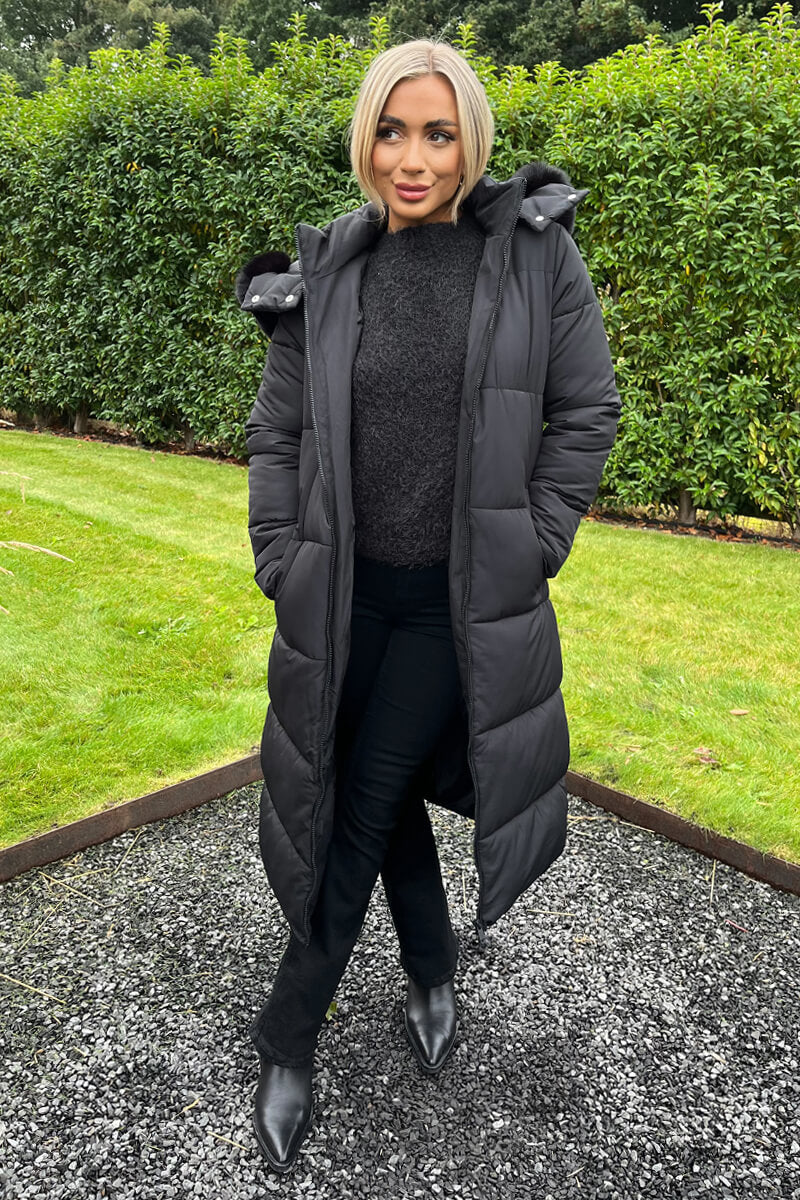 Black Faux Fur Hooded Longline Padded Coat