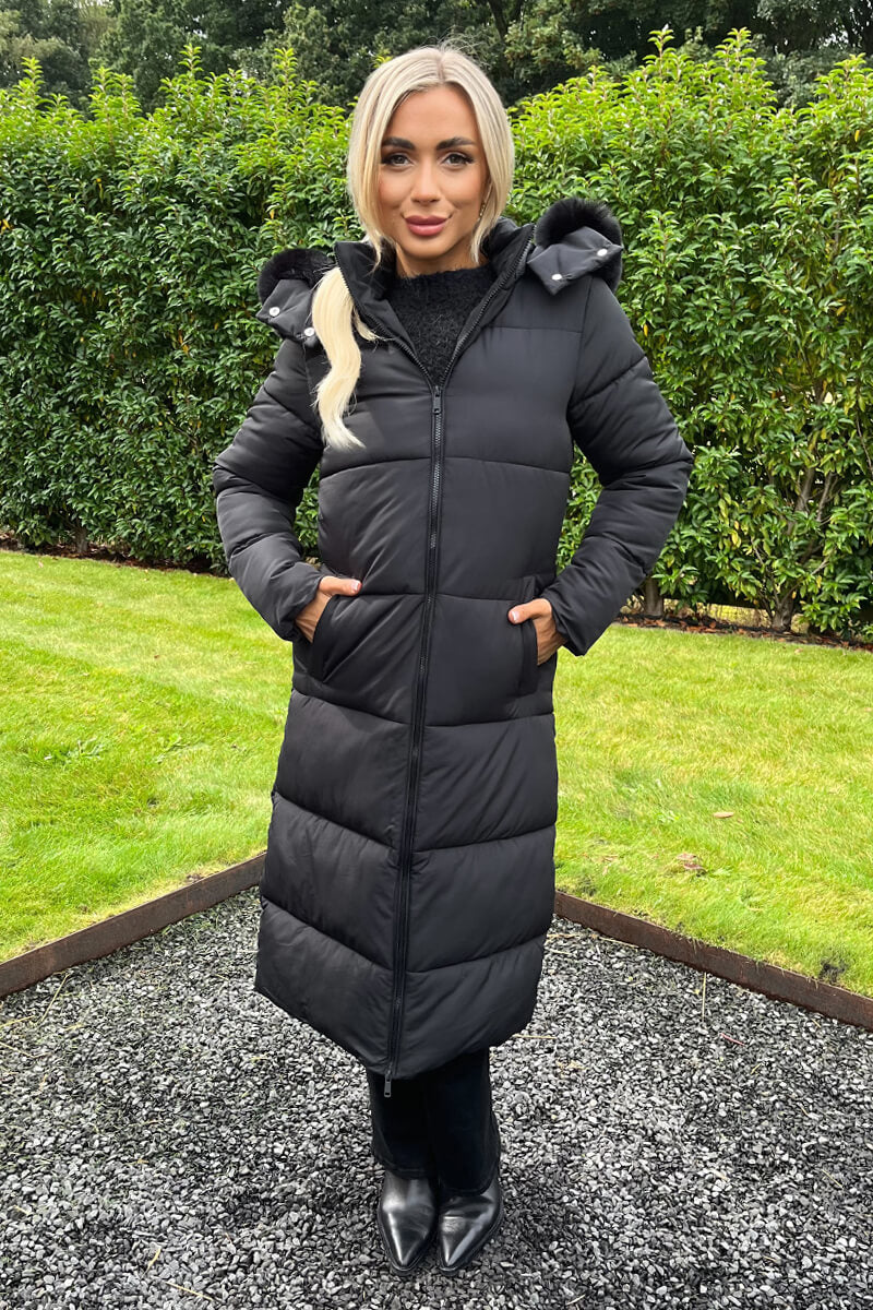 Black Faux Fur Hooded Longline Padded Coat AX Paris