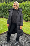 Black Faux Fur Hooded Longline Padded Coat