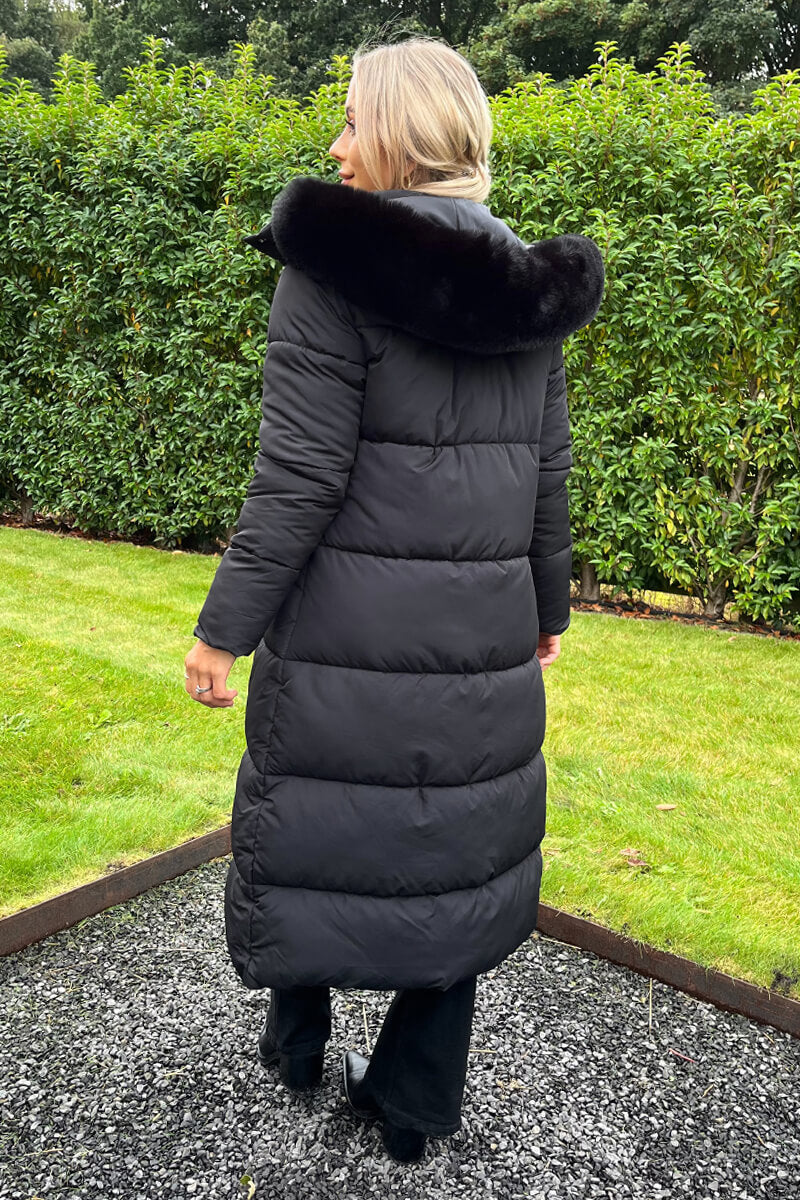 Black Faux Fur Hooded Longline Padded Coat AX Paris