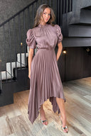 Taupe High Neck Puff Sleeve Zig Zag Hem Pleated Midi Dress