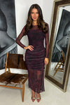 Wine Printed Mesh Overlay Long Sleeve Bodycon Midi Dress