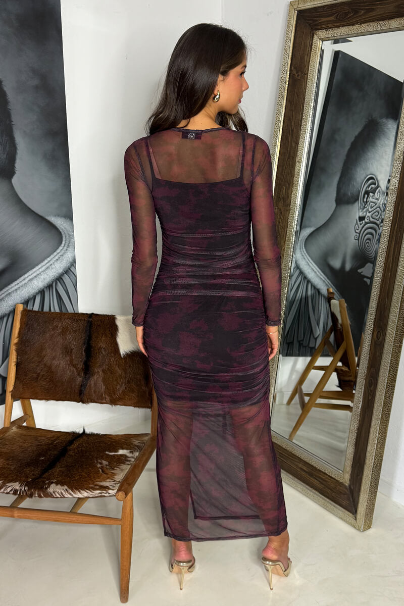 Wine Printed Mesh Overlay Long Sleeve Bodycon Midi Dress AX Paris