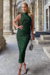 Green Sequin Ruched Side Split Leg Midi Dress