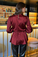 Wine Satin Long Sleeve Gold Detail Belt Top