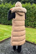 Biscuit Faux Fur Hooded Longline Padded Gilet