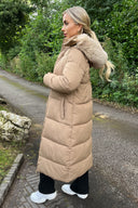 Biscuit Faux Fur Hooded Longline Padded Coat