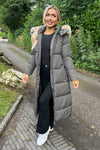 Khaki Faux Fur Hooded Longline Padded Coat