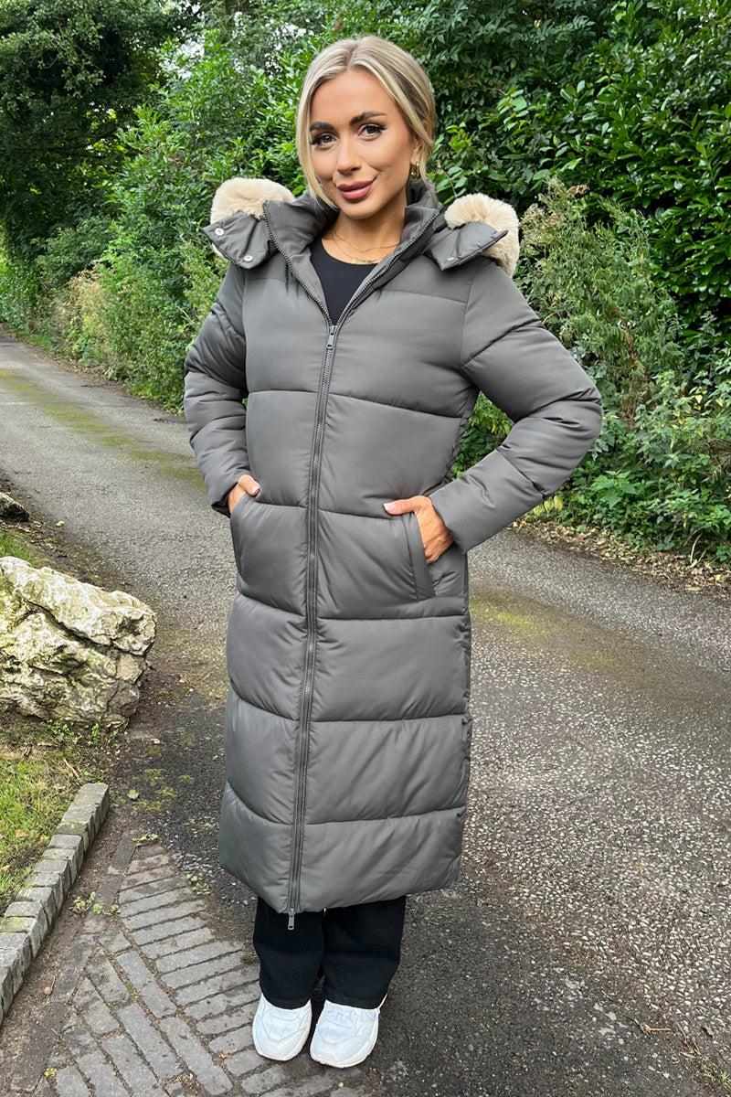 Grey padded fur hood coat best sale