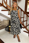 Black And Cream Abstract Print Frill Strap Midi Dress