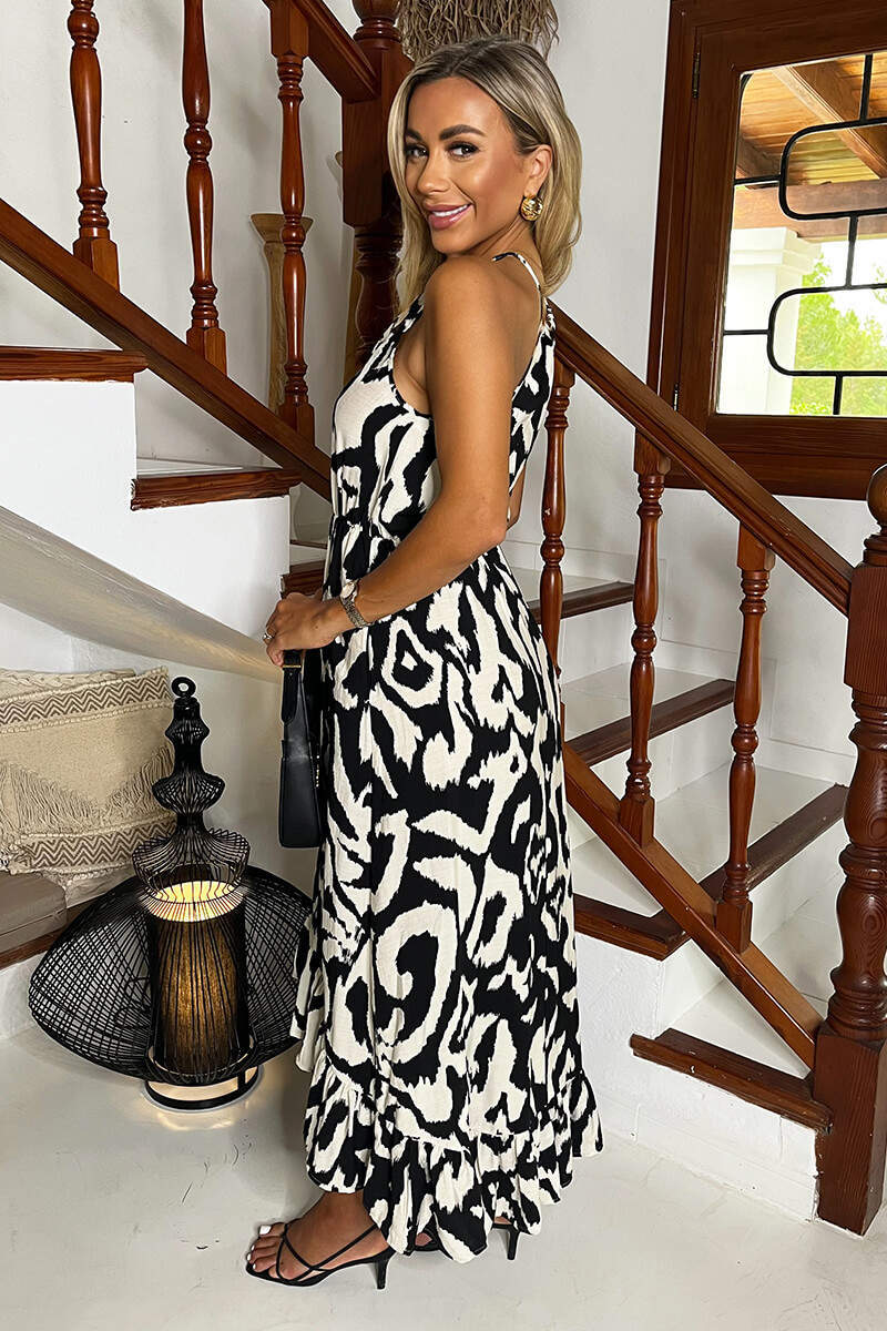 Black And White Abstract Print Racer Neck Frill Hem Midi Dress