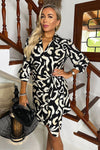 Black And Cream Abstract Print 3/4 Sleeves Waist Side Tie Mini Dress