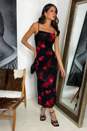 Black And Red Floral Print Ruched Side Strappy Midi Dress