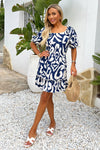 Navy And Cream Abstract Print Short Sleeve Frill Hem Mini Dress