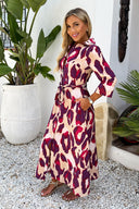 Purple And Cream Animal Print 3/4 Sleeve Shirt Midi Dress