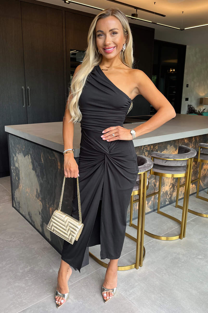 Black One Shoulder Knot Skirt Midi Dress