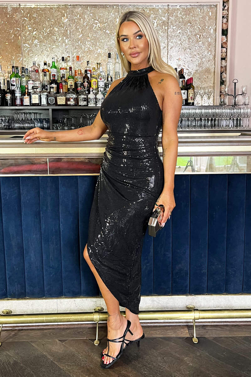 Black Rectangular Sequin Halter Neck Draped Wrap Skirt Midi Dress