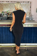 Black Sparkle Wrap Top Ruched Skirt Midi Dress