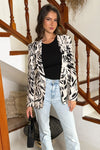 Cream And Black Brush Stroke Print Shawl Collar Open Front Blazer