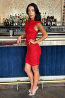 Red Sequin High Neck Ruched Bodycon Mini Dress