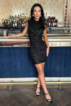 Black Sequin High Neck Ruched Bodycon Mini Dress