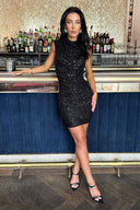 Black Sequin High Neck Ruched Bodycon Mini Dress