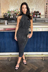 Black Metallic Sparkle Halter Neck Ruched Midi Dress