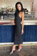 Black Metallic Sparkle Halter Neck Ruched Midi Dress