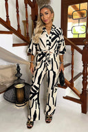 Cream And Black Abstract Print Wide Leg Trousers