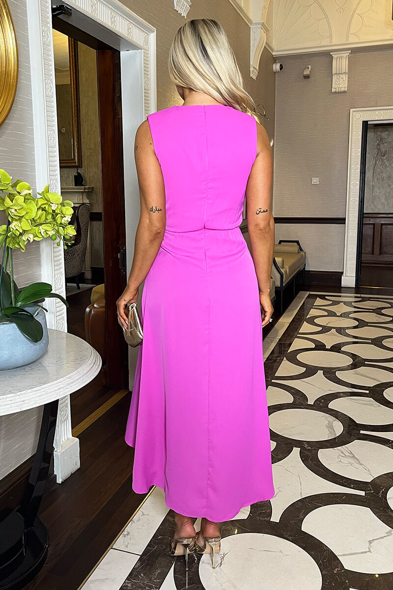 Hot Pink Gathered Midi Dress With Shoulder Pads