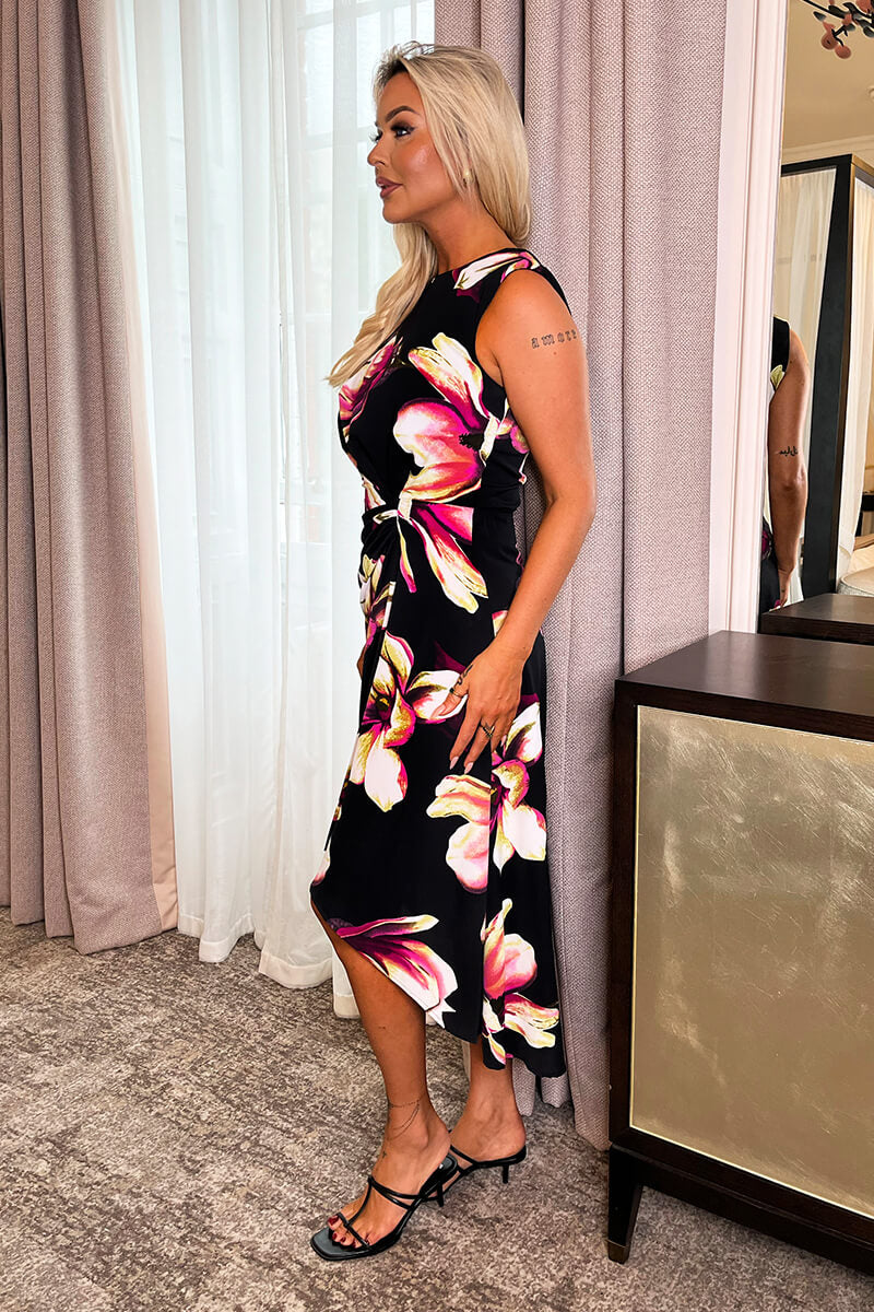 Black Floral Print Gathered Midi Dress With Shoulder Pads