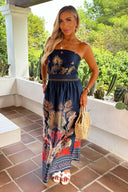 Navy Safari Print Strapless Shirred Waist Side Split Midi Dress