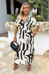 Black And Cream Abstract Print V Neck Batwing Midi Dress