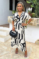 Black And Cream Abstract Print V Neck Batwing Midi Dress