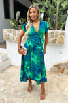 Green And Blue Abstract Print Short Sleeve Belted Wrap Midi Dress