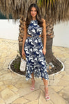 Navy Leaf Print Waist Cut Out Frill Hem Midi Dress