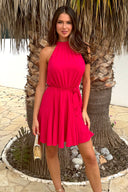 Magenta Halterneck Tie Waist Skater Mini Dress