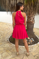 Magenta Halterneck Tie Waist Skater Mini Dress